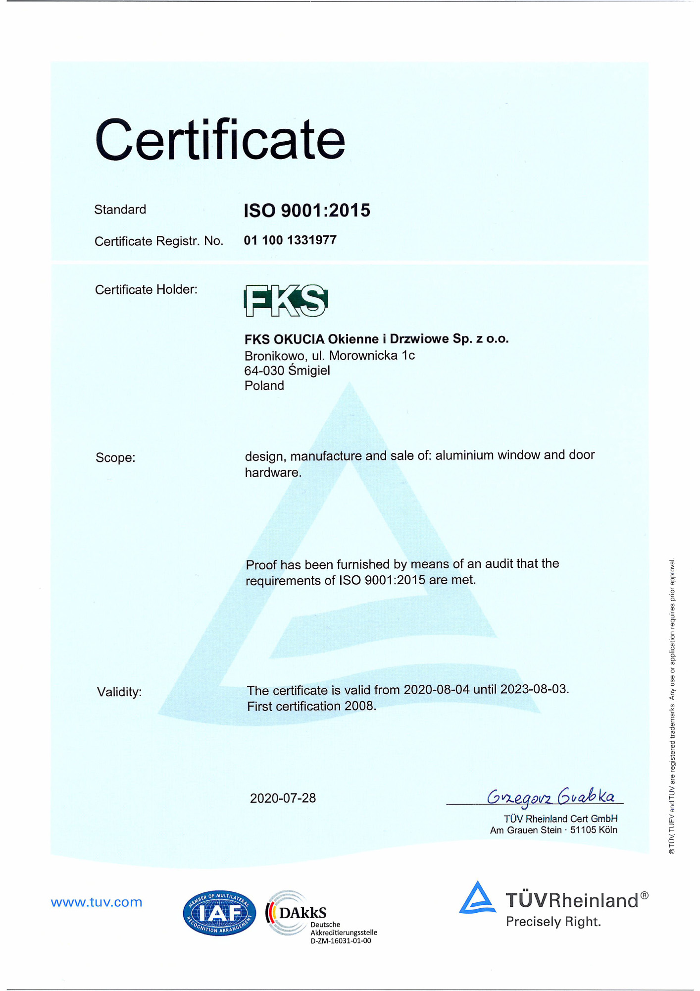 FKS 17 certyfikat ISO en