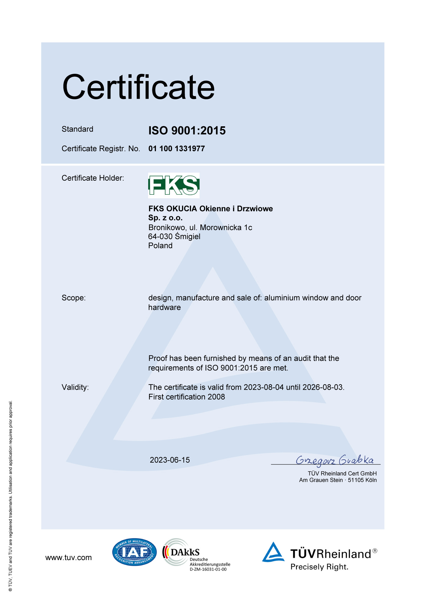 FKS 17 certyfikat ISO en